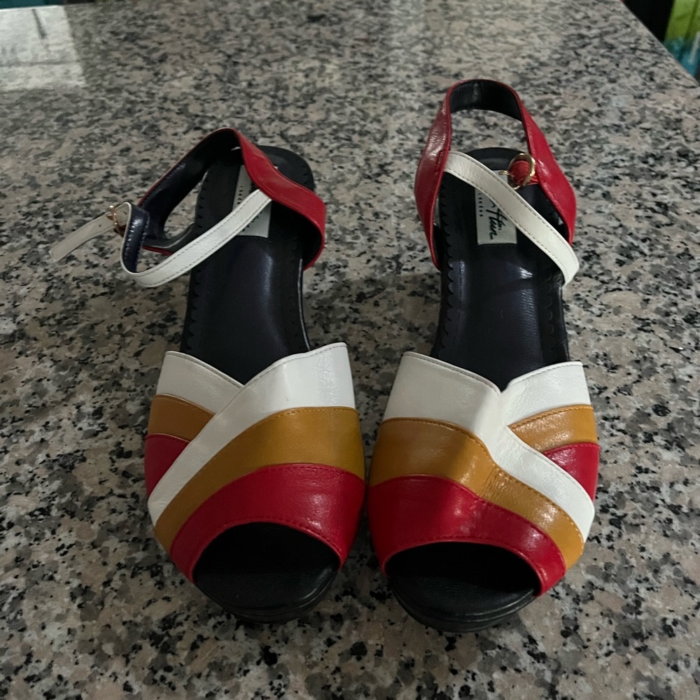 Red and White Strappy Wedge Sandals with Ankle Buckle